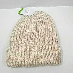 Women's beanie beige pink hat chunky tan lined knit ribbed  casual